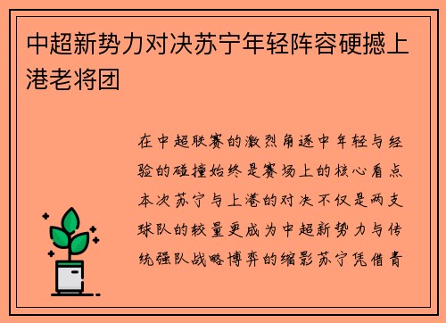 中超新势力对决苏宁年轻阵容硬撼上港老将团